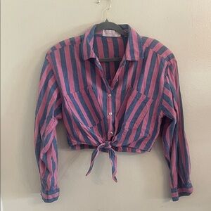 Anchor Blue Pink and Blue Wide Striped Cropped Cotton Tie FrontButton Down Shirt